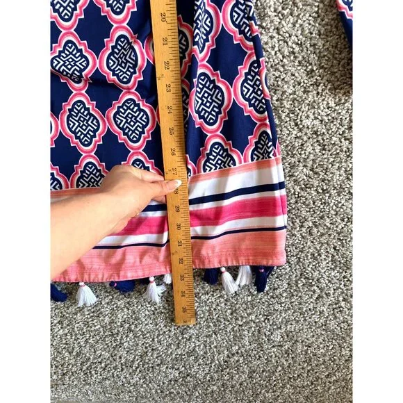 Cabana Life Women's  Sz S Hooded Tunic Cover-Up Dress Navy Pink Print W/ Tassels - Picture 10 of 12
